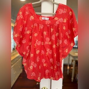 Time and Tru Red Floral Puff-Sleeve Blouse
